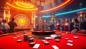 Engage in a thrilling hentai game experience surrounded by vibrant casino elements.