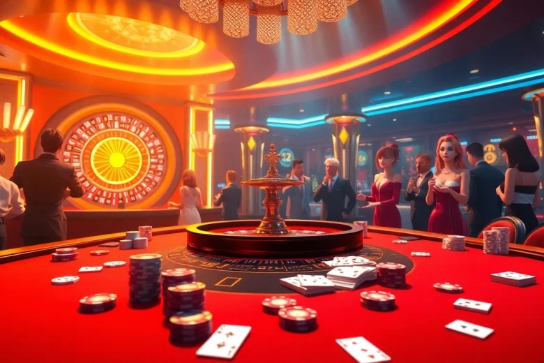 Engage in a thrilling hentai game experience surrounded by vibrant casino elements.