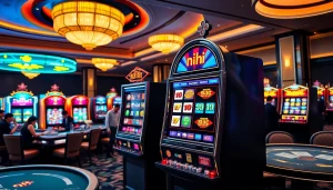 An exciting view of a vibrant slot machine scene featuring nổ hũ, showcasing spinning reels and colorful casino elements.