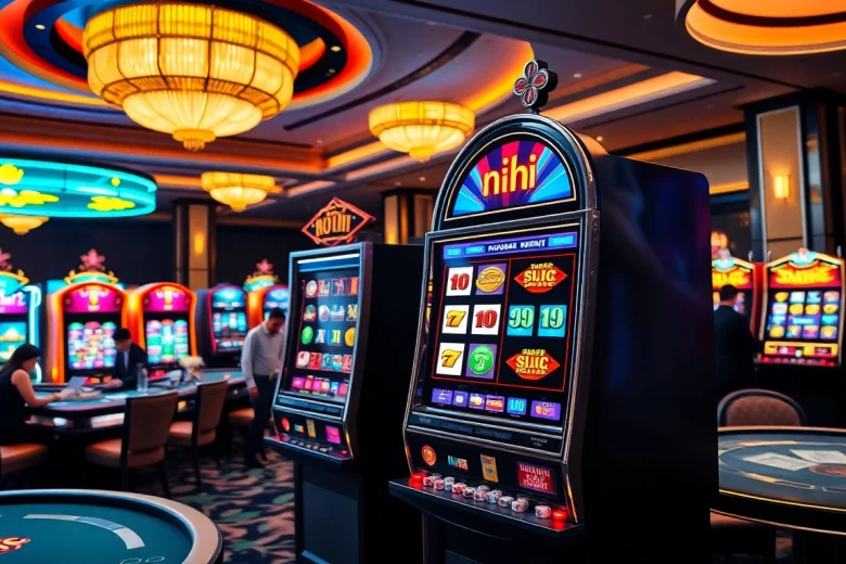 An exciting view of a vibrant slot machine scene featuring nổ hũ, showcasing spinning reels and colorful casino elements.