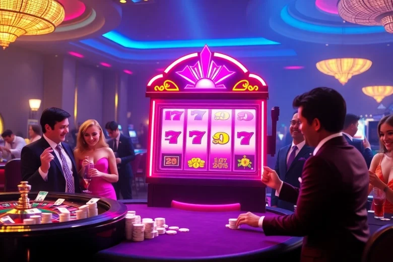Players celebrating their wins at a luxurious casino's nổ hũ slot machine game.
