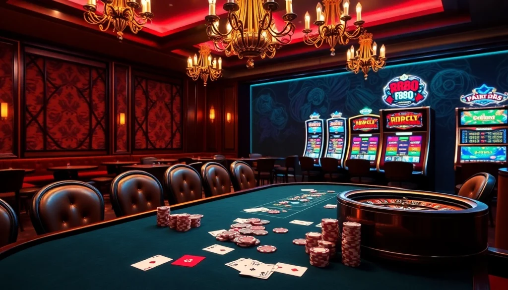 Experience the excitement of RR88 with luxurious casino tables, vibrant gambling elements, and warm lighting.