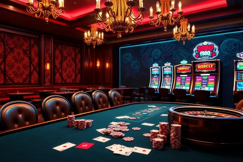 Experience the excitement of RR88 with luxurious casino tables, vibrant gambling elements, and warm lighting.