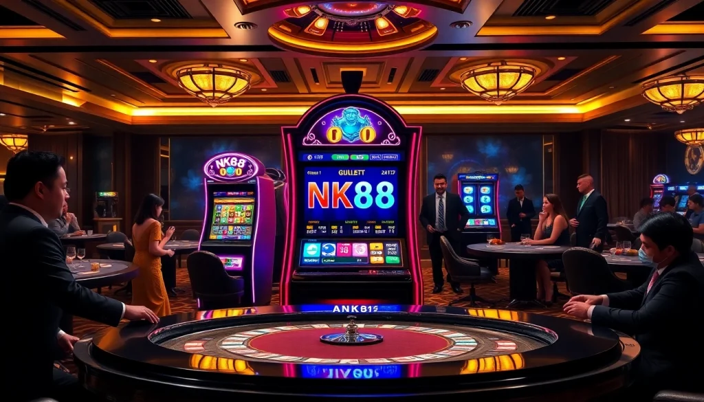 Players enjoying the NK88-themed slot machine in a lively casino atmosphere.