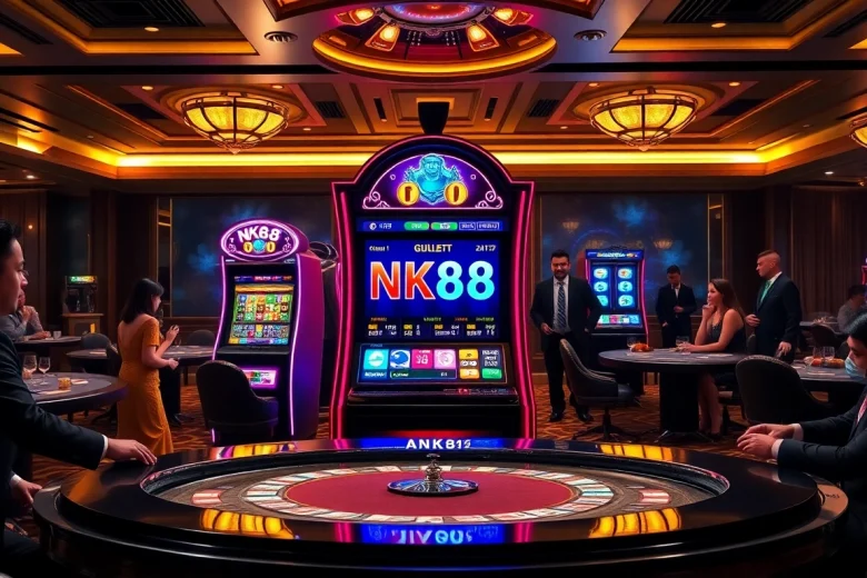 Players enjoying the NK88-themed slot machine in a lively casino atmosphere.