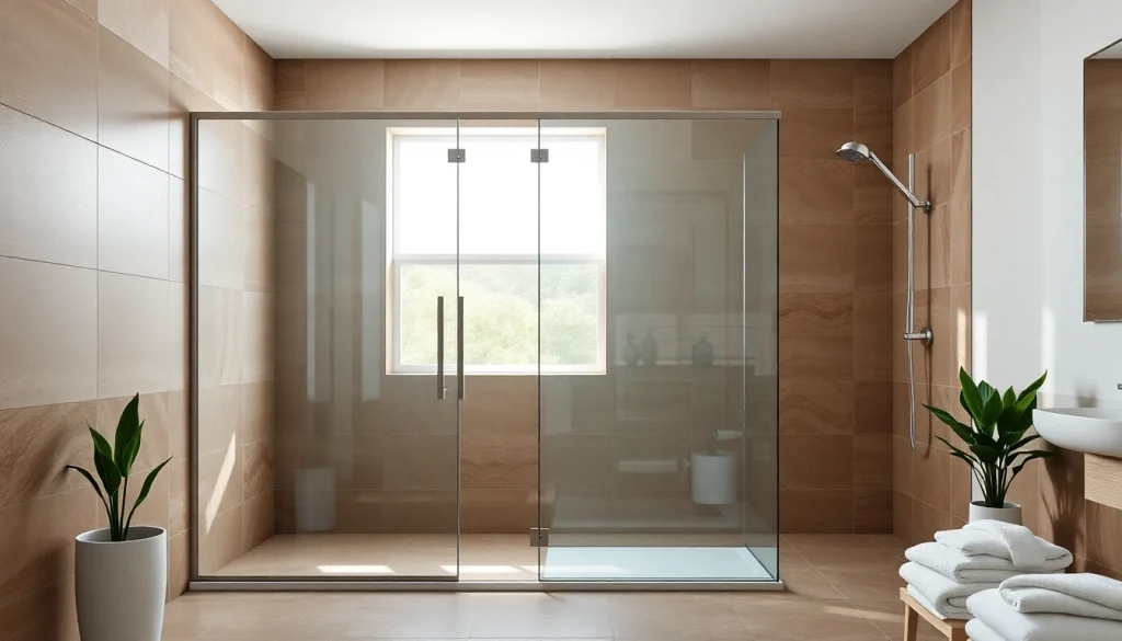 Stylish glass shower doors enhance a modern bathroom with natural light.