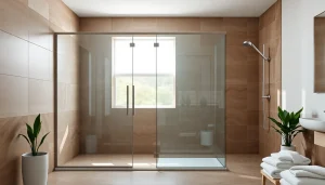 Stylish glass shower doors enhance a modern bathroom with natural light.