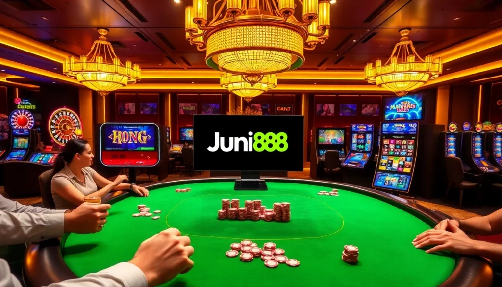 Experience the thrill of online gaming with Jun88 at a vibrant casino table.