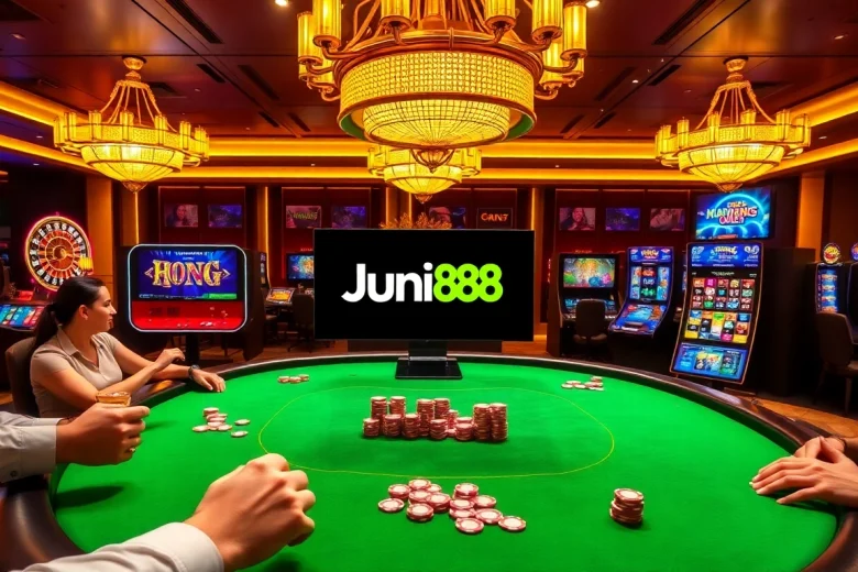 Experience the thrill of online gaming with Jun88 at a vibrant casino table.