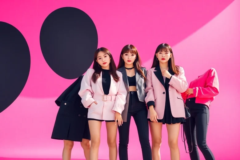Blackpink members posing stylishly with vibrant outfits and a dynamic backdrop