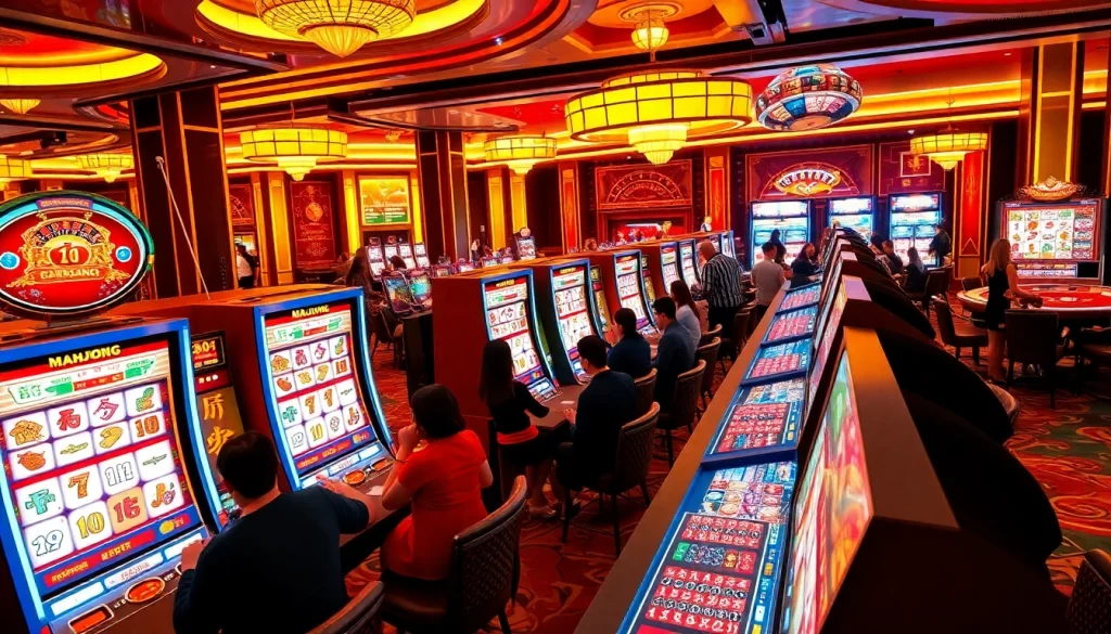 Experience the excitement of a slot demo mahjong game with players celebrating their wins at the vibrant gaming tables.