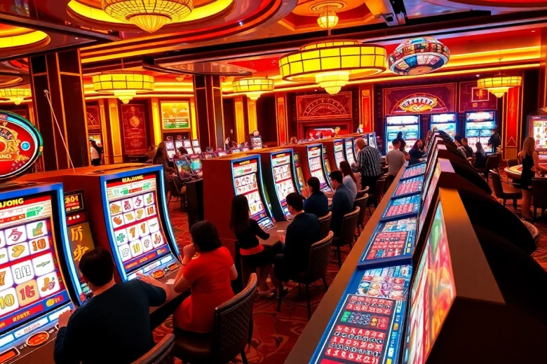 Experience the excitement of a slot demo mahjong game with players celebrating their wins at the vibrant gaming tables.