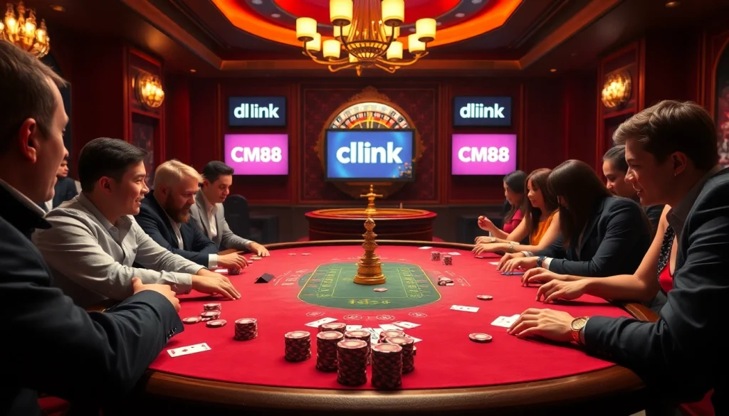 This exciting casino atmosphere highlights link CM88's vibrant poker gaming experience with players and chips.
