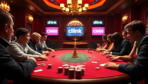 This exciting casino atmosphere highlights link CM88's vibrant poker gaming experience with players and chips.