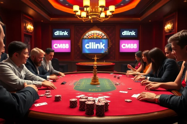 This exciting casino atmosphere highlights link CM88's vibrant poker gaming experience with players and chips.