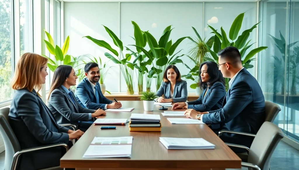 Engaged team at an environmental law firm discussing strategies in a bright office.