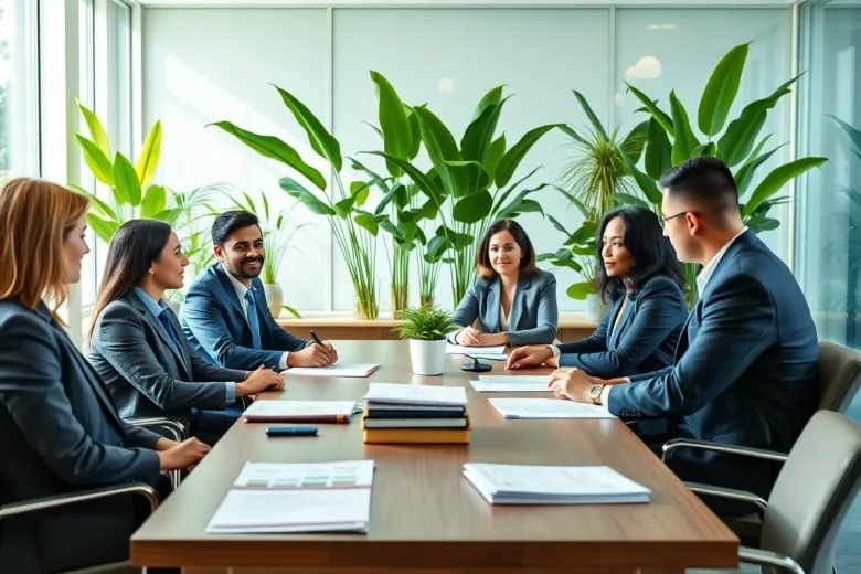 Engaged team at an environmental law firm discussing strategies in a bright office.
