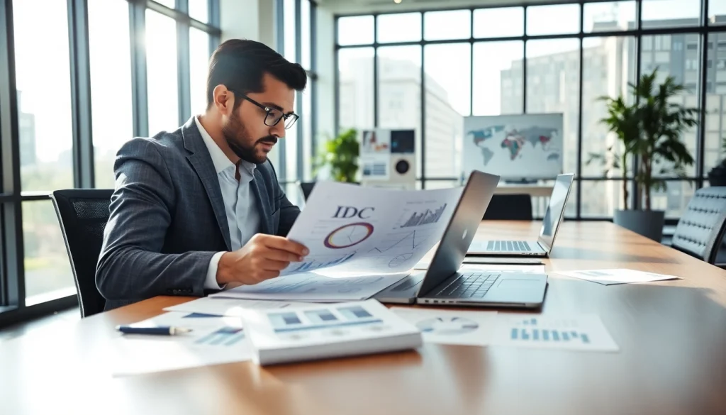 Analiza raportu IDC w nowoczesnym biurze z dokumentami i laptopem.