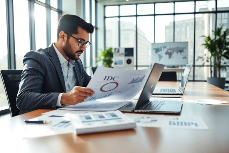 Analiza raportu IDC w nowoczesnym biurze z dokumentami i laptopem.