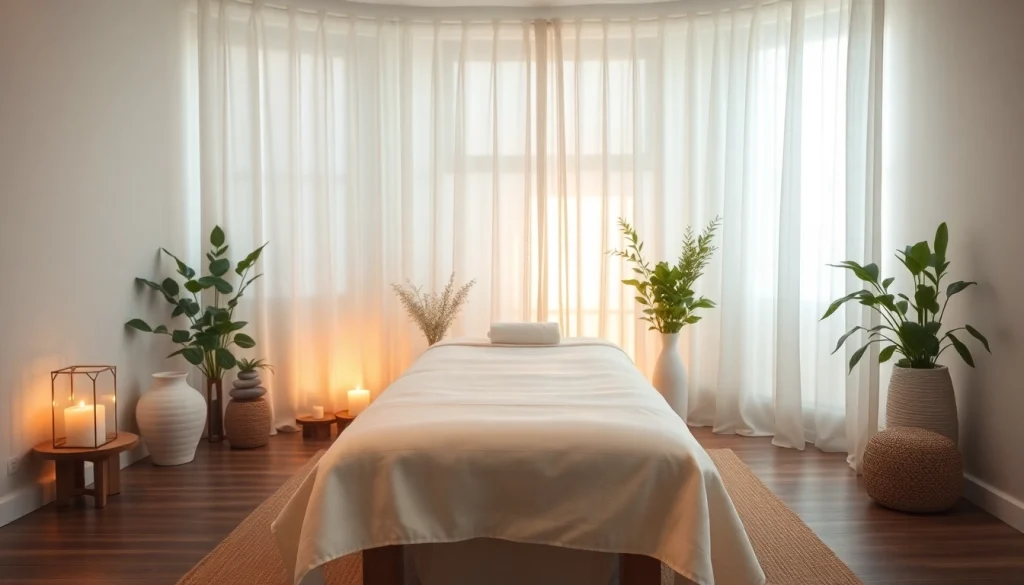 이완을 위한 평화로운 분위기를 보여주는 마사지 치료실.