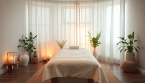 이완을 위한 평화로운 분위기를 보여주는 마사지 치료실.