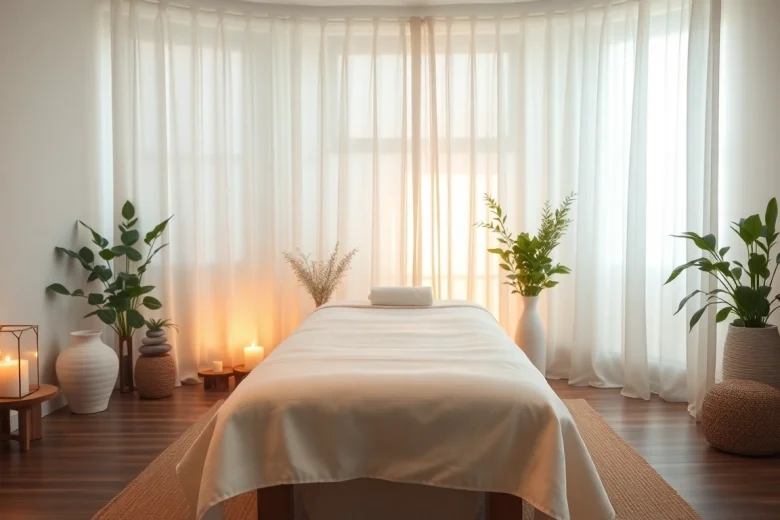이완을 위한 평화로운 분위기를 보여주는 마사지 치료실.