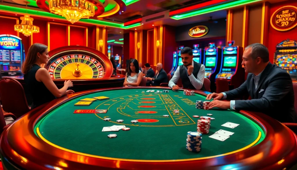 Vivez l'atmosphère vibrante du meilleur casino en ligne 2026 avec une table de blackjack éblouissante et une roue de roulette.