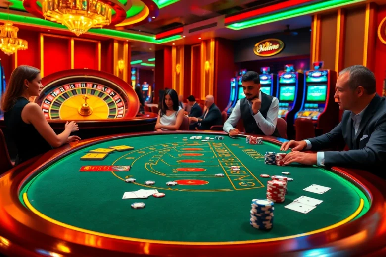 Vivez l'atmosphère vibrante du meilleur casino en ligne 2026 avec une table de blackjack éblouissante et une roue de roulette.