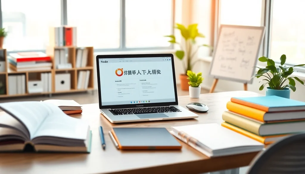 Youdao translation interface displayed on a laptop in a modern learning environment with educational materials.