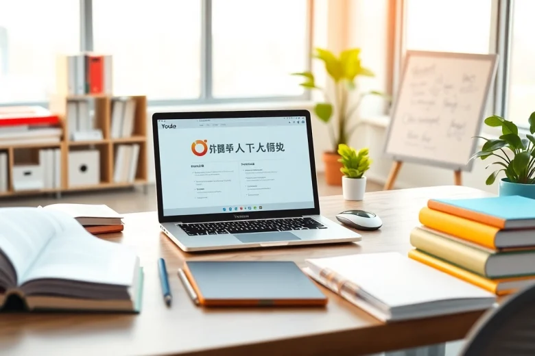 Youdao translation interface displayed on a laptop in a modern learning environment with educational materials.