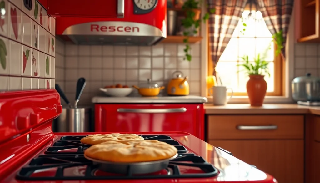 Retro Oven in a cozy kitchen with a freshly baked pie and vibrant decor.