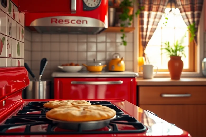Retro Oven in a cozy kitchen with a freshly baked pie and vibrant decor.