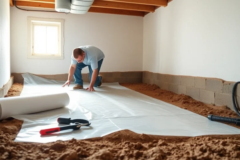 Vapor Barrier Installation process showing a technician expertly laying a barrier in a crawl space.