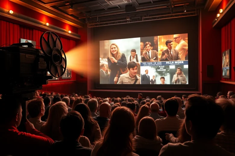 ดูหนัง ในโรงภาพยนตร์ที่มีผู้ชมตื่นตาตื่นใจครองจอภาพขนาดใหญ่