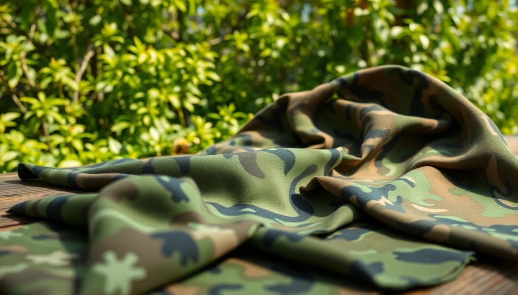 Bekijk diverse camouflage stoffen met unieke patronen in een natuurlijke buitenomgeving.