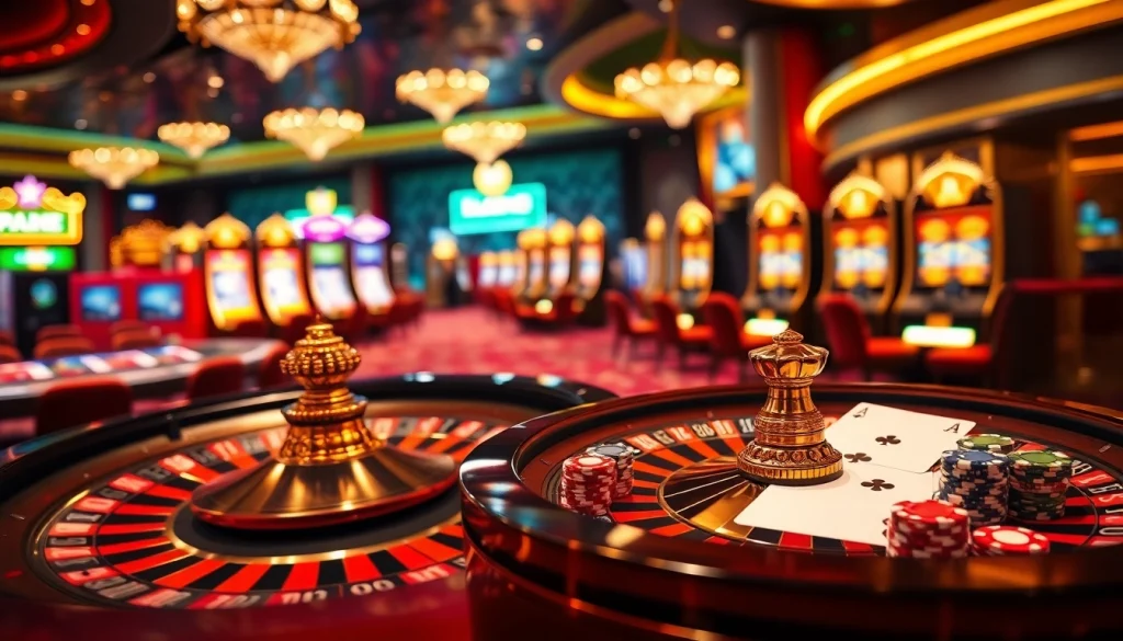 La scène vibrante met en avant l'excitation du jeu au meilleur casino en ligne 2026, avec de la roulette, des jetons de poker et des machines à sous.