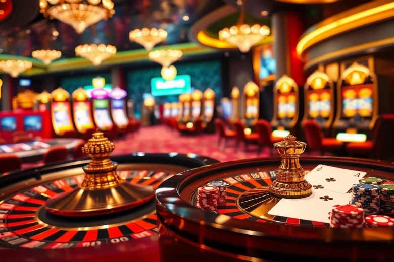 La scène vibrante met en avant l'excitation du jeu au meilleur casino en ligne 2026, avec de la roulette, des jetons de poker et des machines à sous.