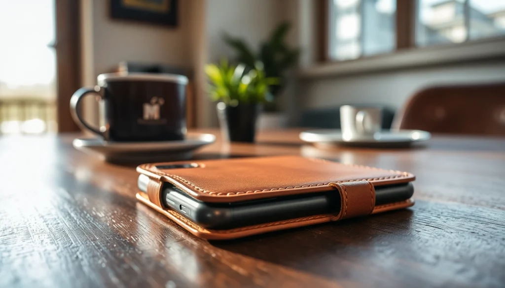 Handytasche Magnetverschluss in lebhaften Farben auf einem Holztisch präsentieren.