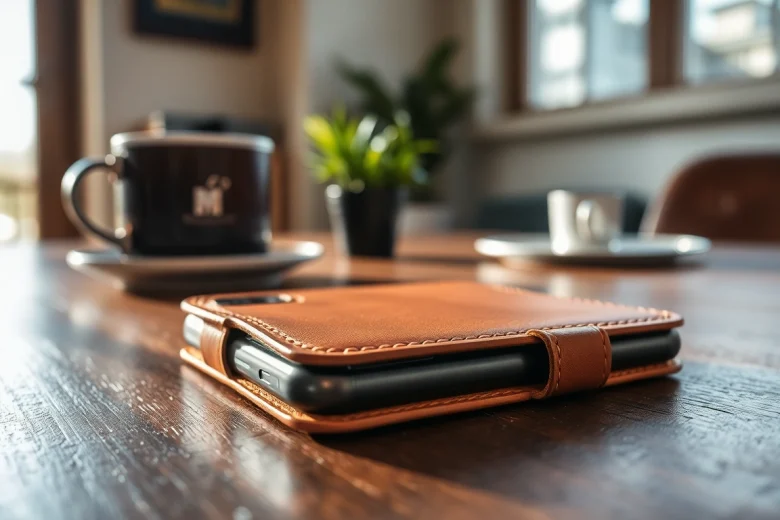 Handytasche Magnetverschluss in lebhaften Farben auf einem Holztisch präsentieren.