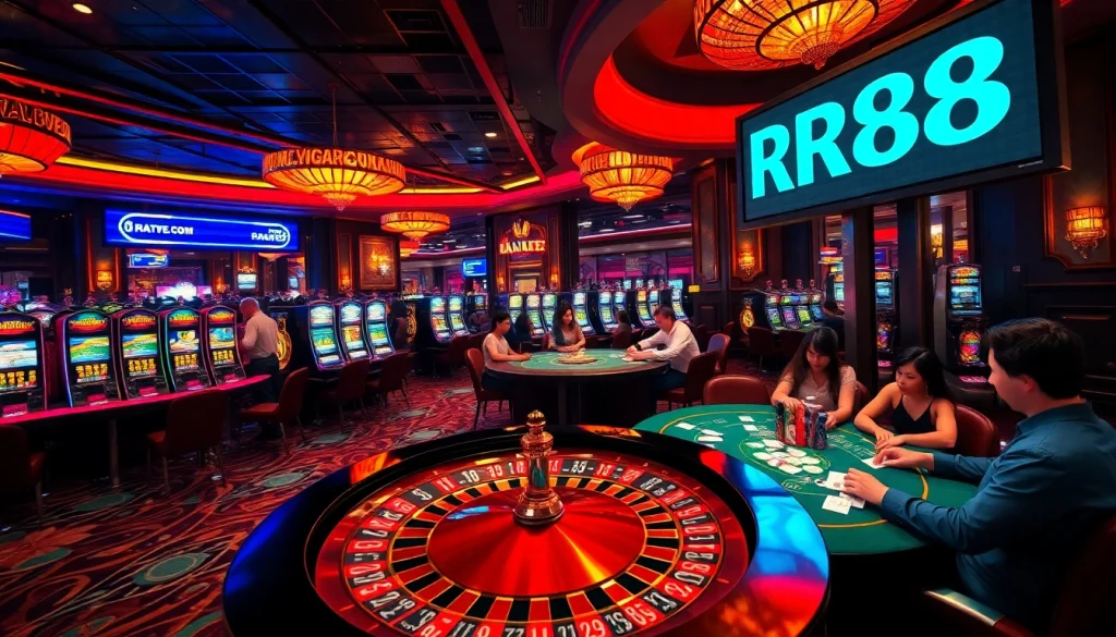 Players celebrating wins at RR88 casino with vibrant slot machines and roulette tables