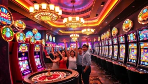 Enthusiastic players celebrating wins at situs slot gacor in a vibrant casino environment.