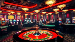 La scène met en valeur l'excitation du meilleur casino en ligne 2026, avec des tables de casino élégantes et des machines à sous vibrantes.