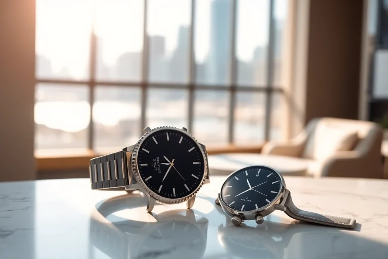 Showcasing Finesse Smart Watch on a marble table, highlighting its sleek design and modern lifestyle.