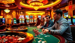 Des joueurs s'engagent dans des jeux de casino palpitants au meilleur casino en ligne 2026, montrant excitation et stratégie.