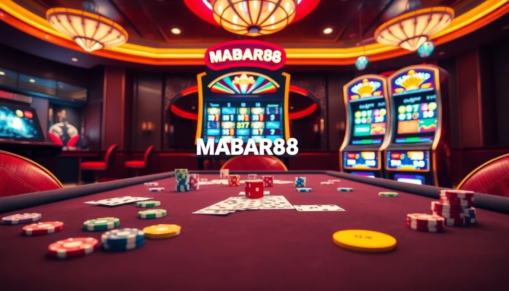 Adegan kasino online MABAR88 dengan mesin slot yang berwarna-warni dan chip poker, menampilkan pengalaman bermain yang seru.