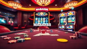 Adegan kasino online MABAR88 dengan mesin slot yang berwarna-warni dan chip poker, menampilkan pengalaman bermain yang seru.