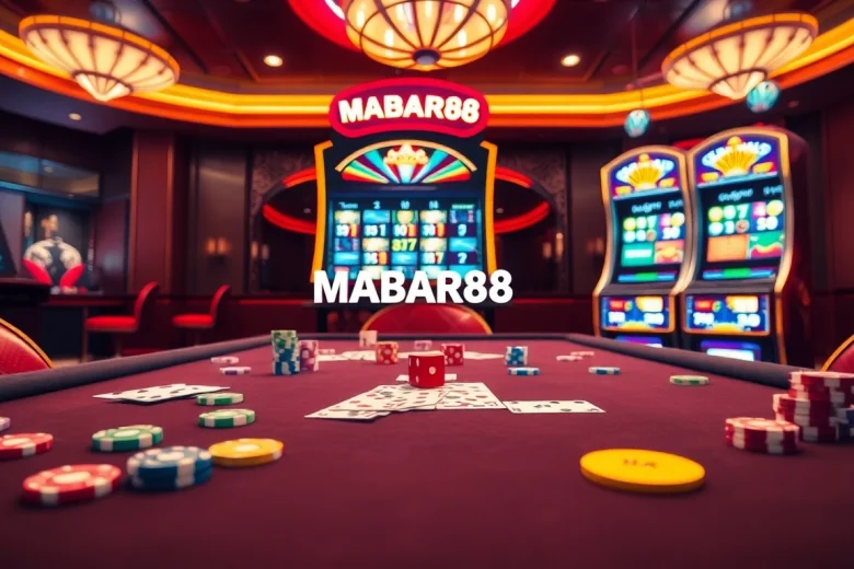 Adegan kasino online MABAR88 dengan mesin slot yang berwarna-warni dan chip poker, menampilkan pengalaman bermain yang seru.