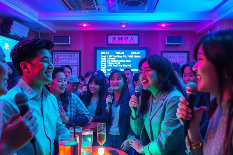 다채로운 색상과 활기찬 분위기의 제주도유흥 노래방 장면