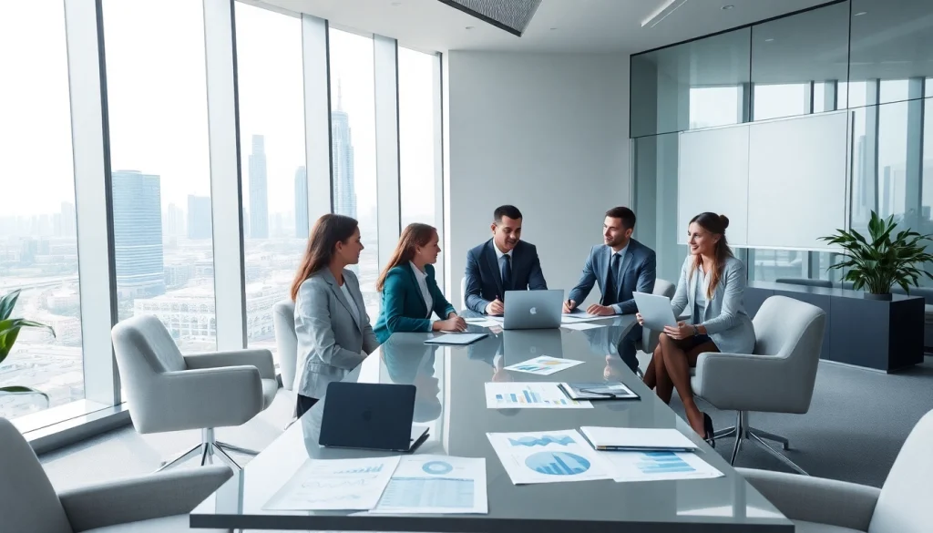 Audit Services in Dubai showcased in a modern office setting with business professionals discussing financial reports.