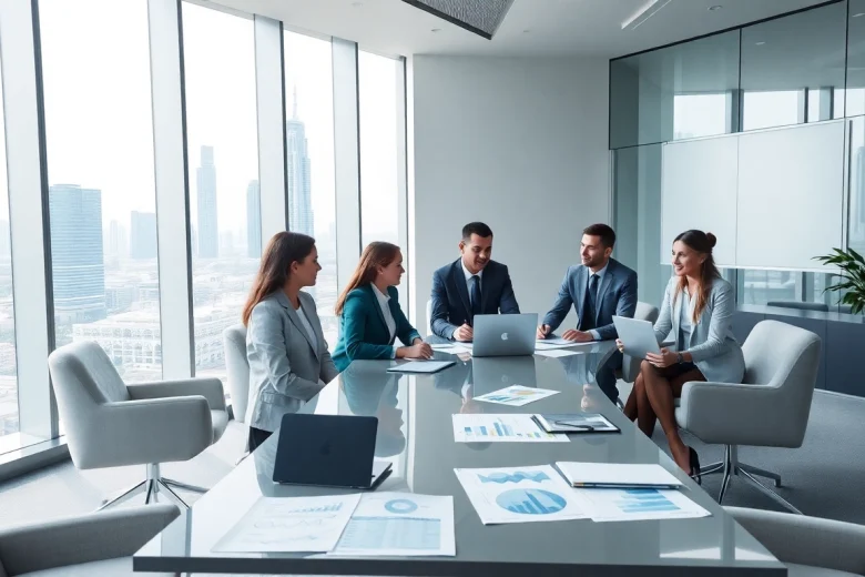 Audit Services in Dubai showcased in a modern office setting with business professionals discussing financial reports.